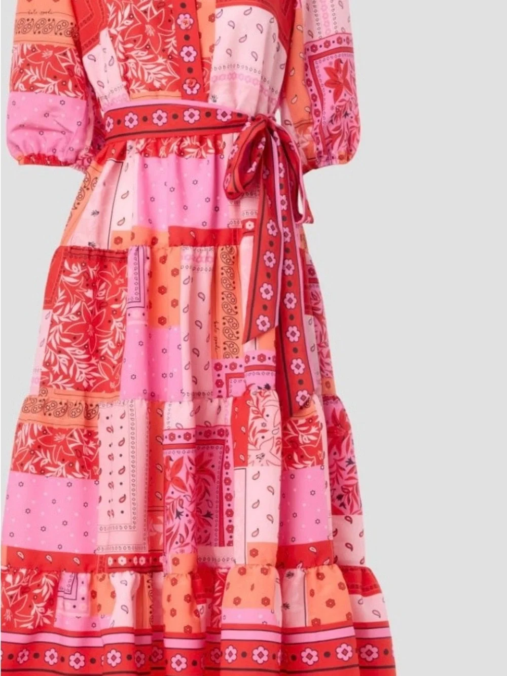 kate spade Pink and Red Patchwork Midi Dress with Waist Tie